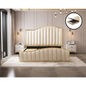 Elegant Luxury King Size Bedframe in Beige with Gas Lift Storage Velvet Fabric Golden Trim