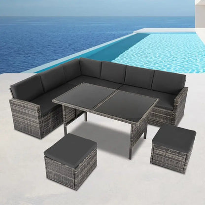 Ella 8-seater Modular Outdoor Garden Lounge and Dining Set with Table Stools in Dark Grey Weave