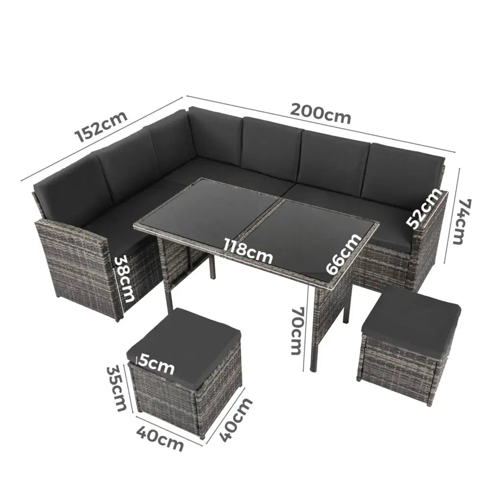 Ella 8-seater Modular Outdoor Garden Lounge and Dining Set with Table Stools in Dark Grey Weave