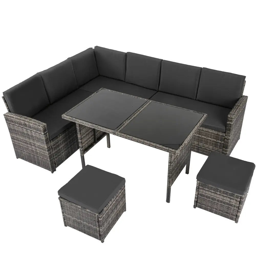 Ella 8-seater Modular Outdoor Garden Lounge and Dining Set with Table Stools in Dark Grey Weave