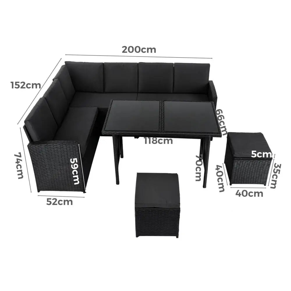 Ella 8-seater Modular Outdoor Garden Lounge and Dining Set with Table Stools in Black