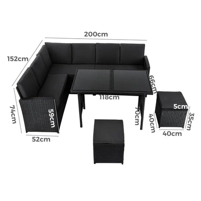 Ella 8-seater Modular Outdoor Garden Lounge and Dining Set with Table Stools in Black