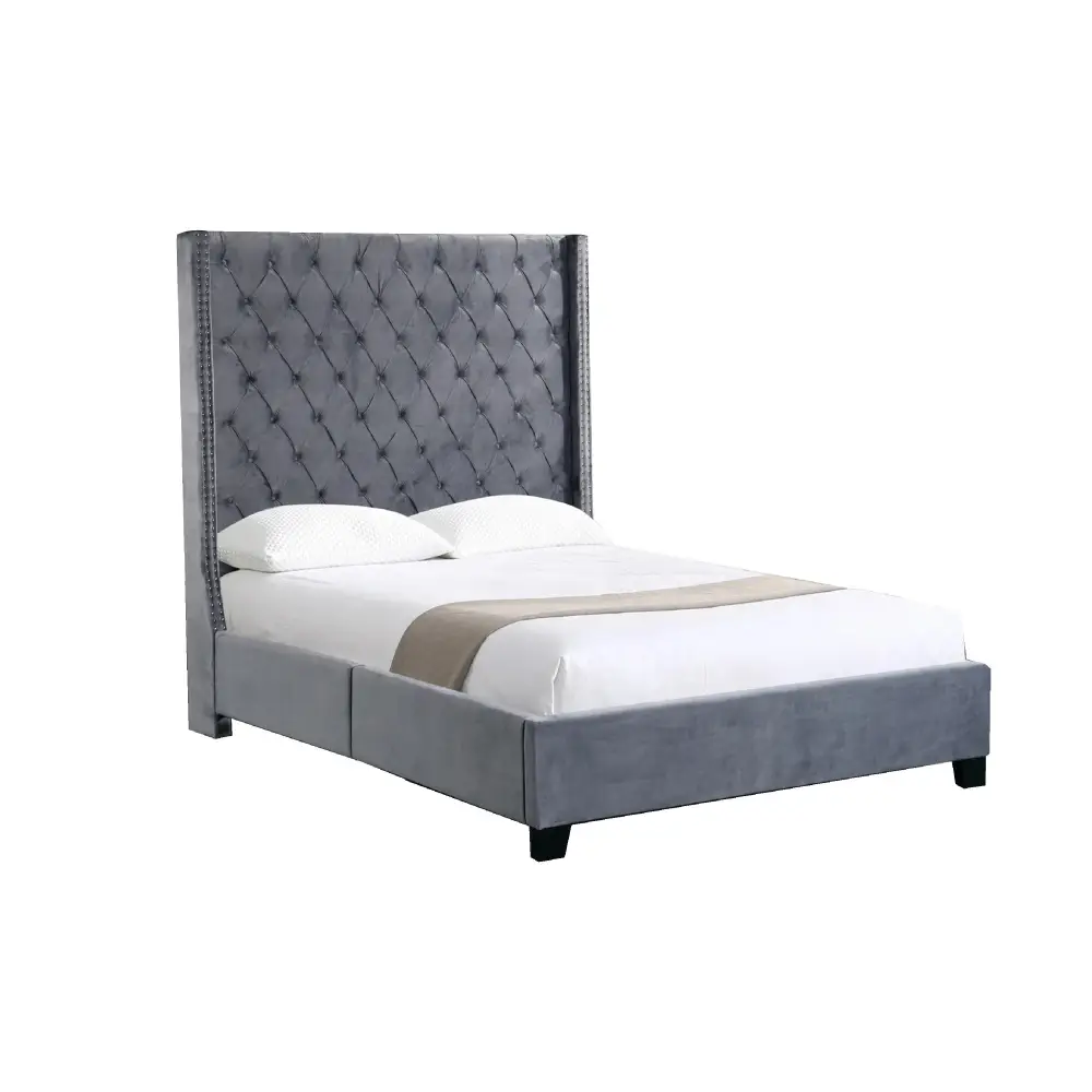 Ella Grey Velvet Winged Bed 180cm - King
