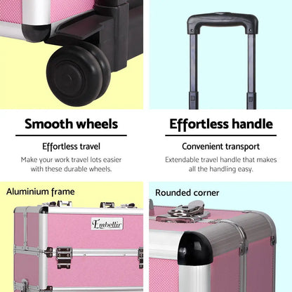 Embellir Makeup Case Beauty Trolley Cosmetic Organiser Box Travel Wheels Pink | Pink Textured Cosmetic Case Silver