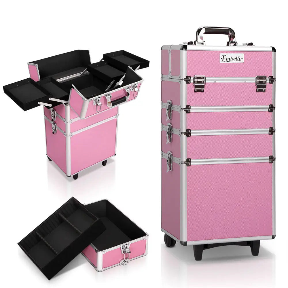 Embellir Makeup Case Beauty Trolley Cosmetic Organiser Box Travel Wheels Pink | Pink Makeup Case Silver Trim
