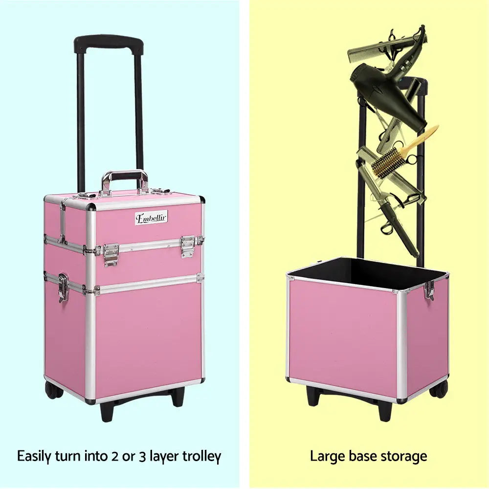 Embellir Makeup Case Beauty Trolley Cosmetic Organiser Box Travel Wheels Pink | Pink Lumbellis Cosmetic Case Silver