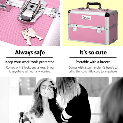 Embellir Makeup Case Beauty Trolley Cosmetic Organiser Box Travel Wheels Pink | Pink Silver Lumbellir Makeup Case