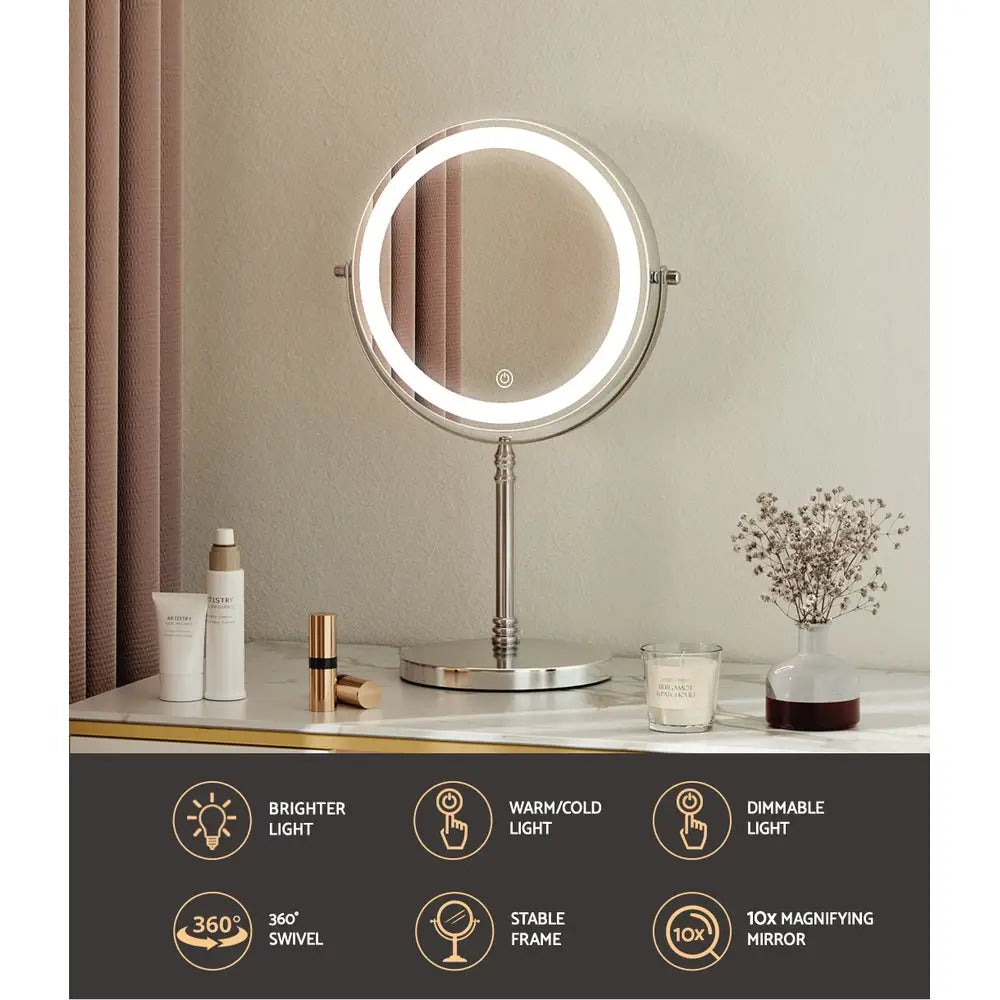 Embellir Makeup Mirror 20x20cm 10x Magnifying with Led Light Rotation Tabletop