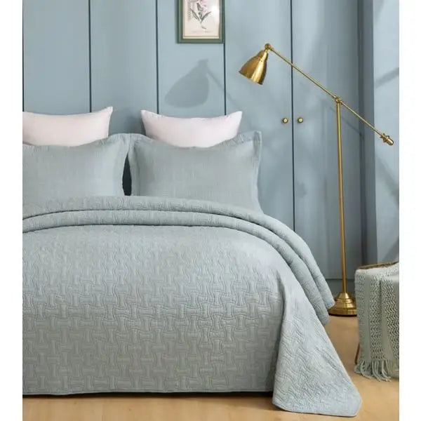 Embroidered Jade 100% Cotton Quilted 3 Pcs Bedspread Coverlet Set Super King