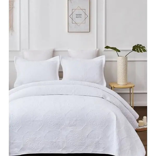 Embroidered Vivid White 100% Cotton Quilted 3 Pcs Bedspread Coverlet Set Super King