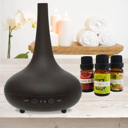 Essential Oil Diffuser Ultrasonic Humidifier Aromatherapy Led Light 200ml 3 Oils - Dark Wood Grain