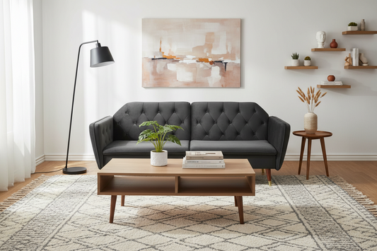 Faux Velvet Tufted Sofa Bed Couch Futon - Black