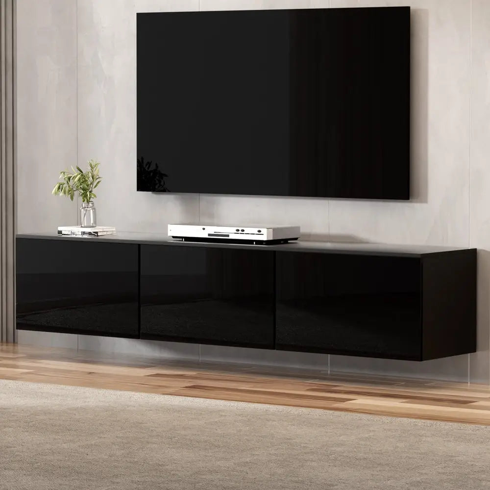 Floating Entertainment Unit Tv Cabinet High Glossy Black 3 Cabinets 200cm
