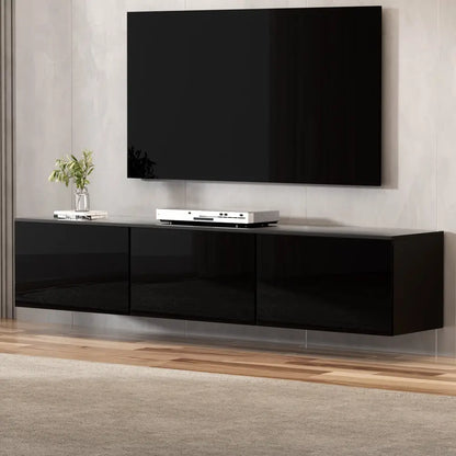 Floating Entertainment Unit Tv Cabinet High Glossy Black 3 Cabinets 200cm