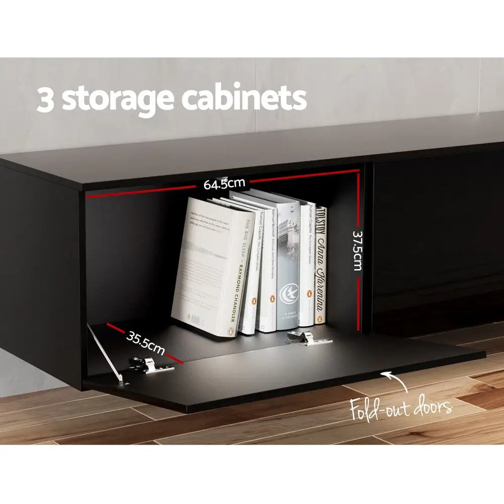 Floating Entertainment Unit Tv Cabinet High Glossy Black 3 Cabinets 200cm