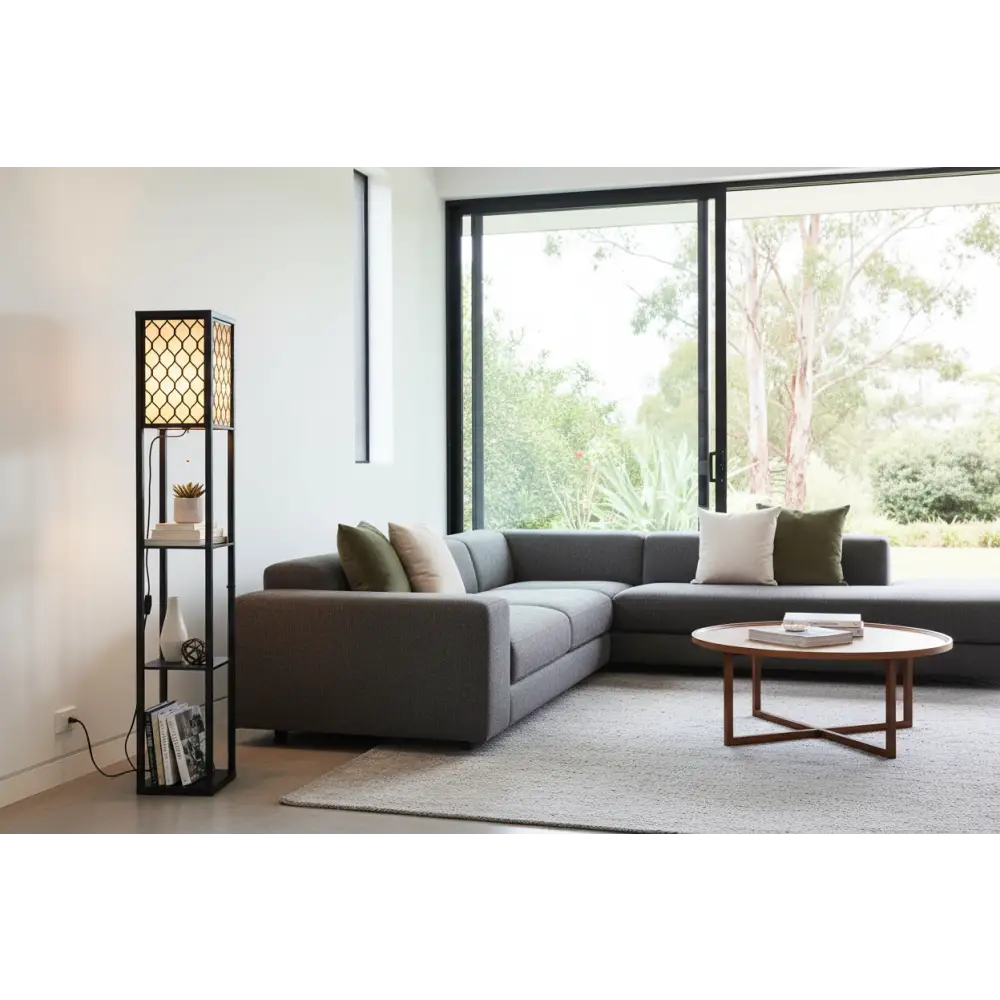 Floor Lamp 3 Tier Shelf Storage Led Light Stand Home Room Pattern Black | Modern Black Metal Floor Lamp