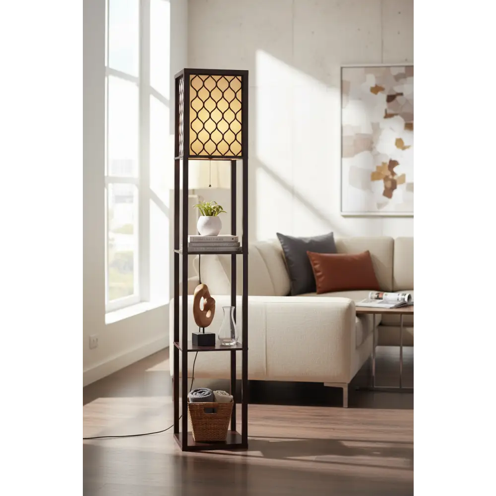 Floor Lamp 3 Tier Shelf Storage Led Light Stand Home Room Pattern Brown | Black Metal Floor Lamp Geometric