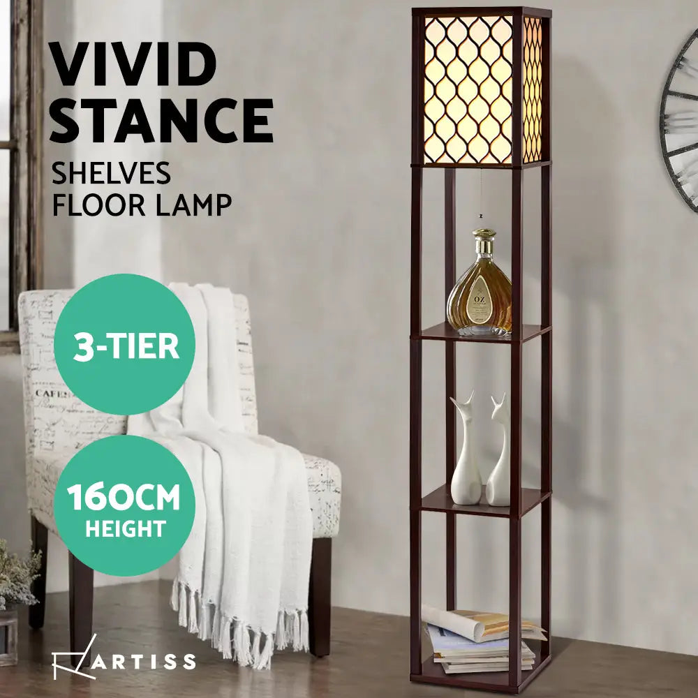 Floor Lamp 3 Tier Shelf Storage Led Light Stand Home Room Pattern Brown | Dark Wood Vivid Stance Floor