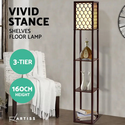 Floor Lamp 3 Tier Shelf Storage Led Light Stand Home Room Pattern Brown | Dark Wood Vivid Stance Floor