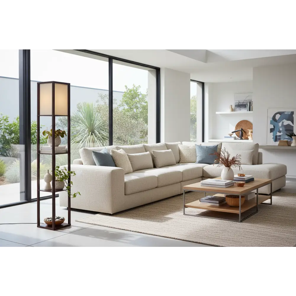 Floor Lamp 3 Tier Shelf Storage Led Light Stand Home Room Vintage Brown | Beige Textured Fabric Sectional Sofa