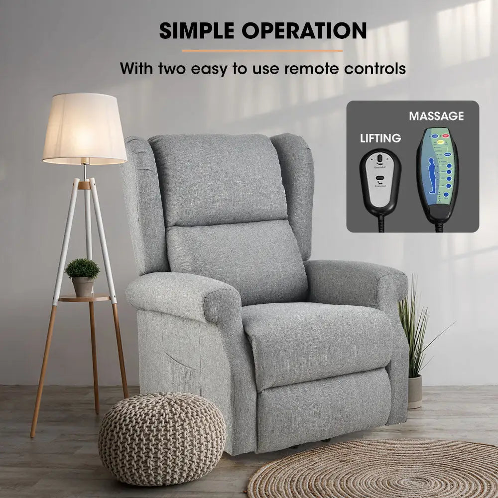 Fortia Electric Recliner Lift Heat Chair for Elderly Massage Therapy Aged Care Grey