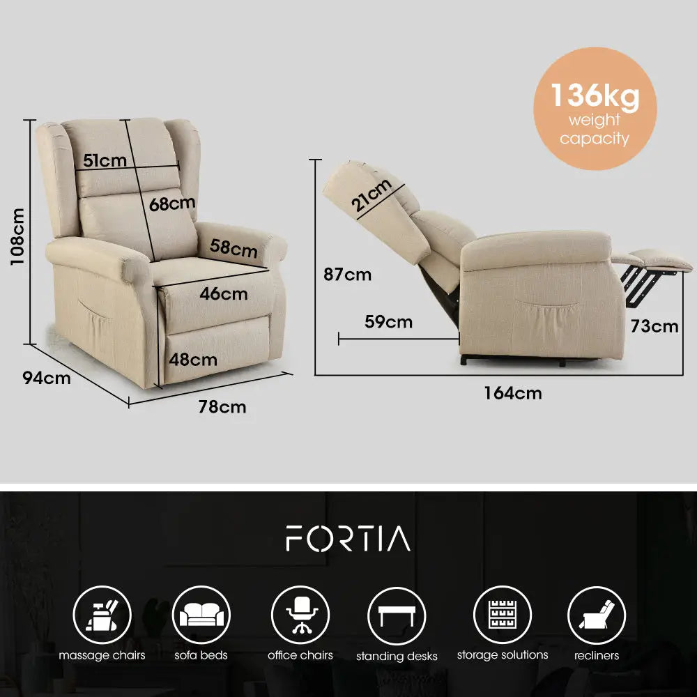 Fortia Electric Recliner Lift Heat Chair for Elderly Massage Therapy Aged Care Beige
