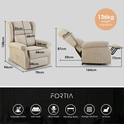 Fortia Electric Recliner Lift Heat Chair for Elderly Massage Therapy Aged Care Beige