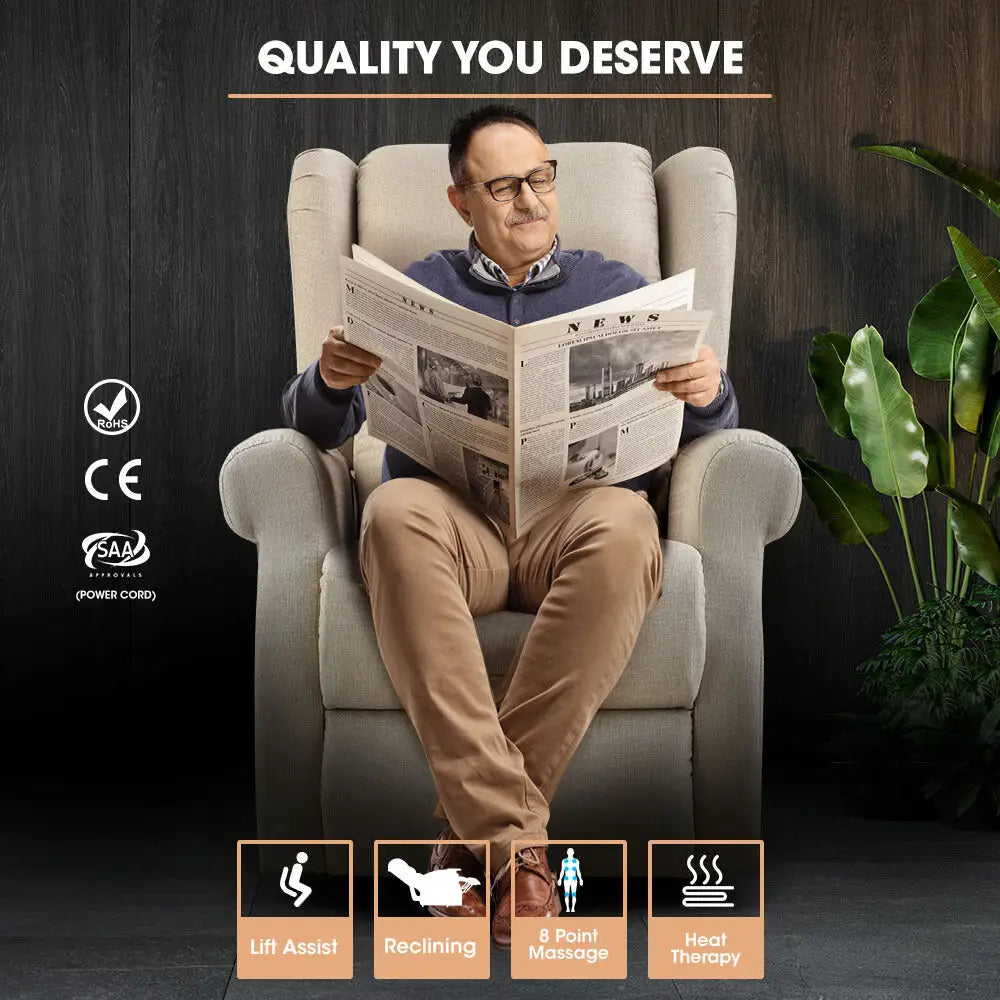Fortia Electric Recliner Lift Heat Chair for Elderly Massage Therapy Aged Care Beige