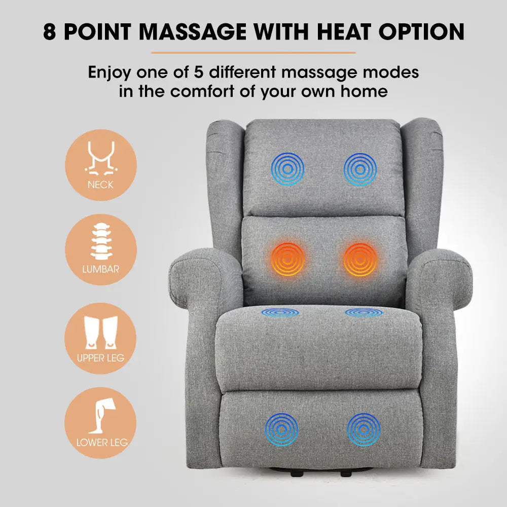 Fortia Electric Recliner Lift Heat Chair for Elderly Massage Therapy Aged Care Grey