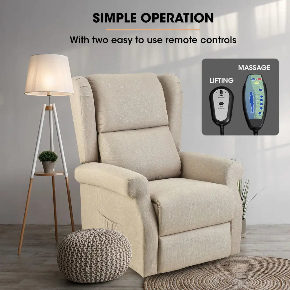Fortia Electric Recliner Lift Heat Chair for Elderly Massage Therapy Aged Care Beige