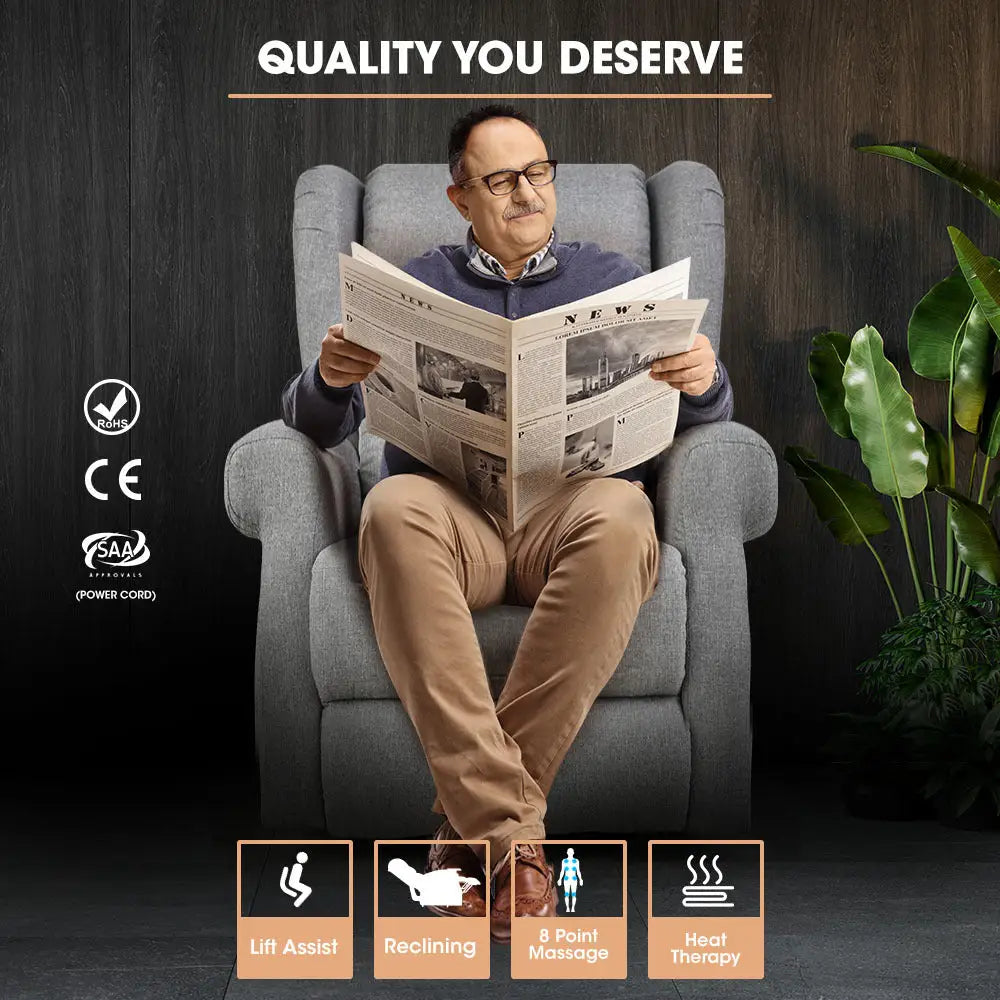 Fortia Electric Recliner Lift Heat Chair for Elderly Massage Therapy Aged Care Grey