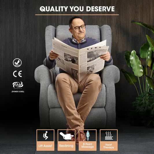 Fortia Electric Recliner Lift Heat Chair for Elderly Massage Therapy Aged Care Grey