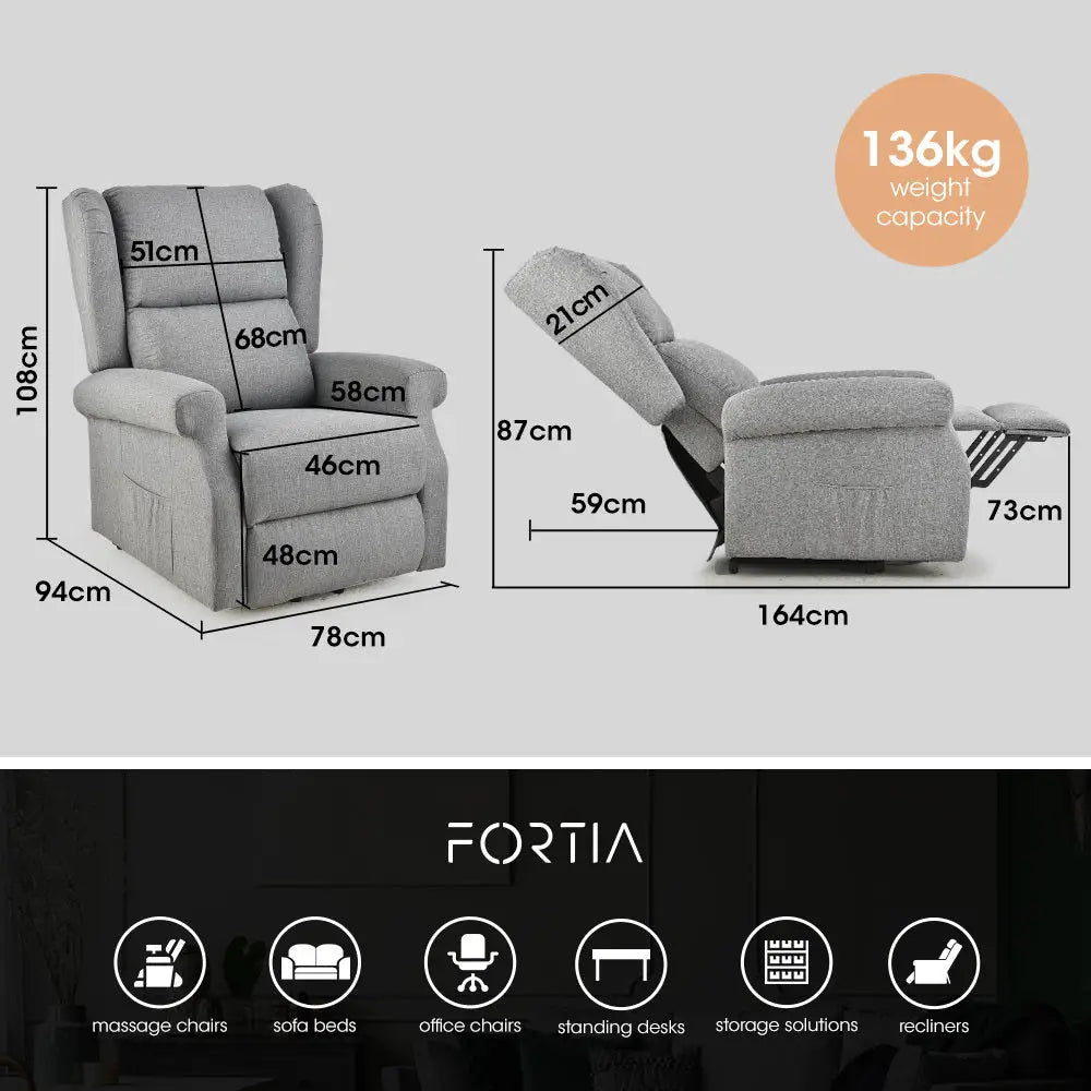 Fortia Electric Recliner Lift Heat Chair for Elderly Massage Therapy Aged Care Grey