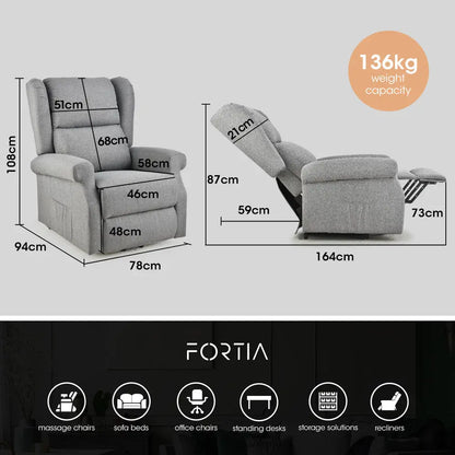 Fortia Electric Recliner Lift Heat Chair for Elderly Massage Therapy Aged Care Grey