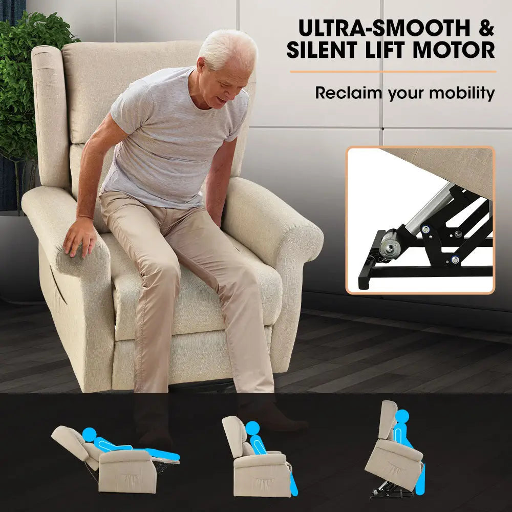 Fortia Electric Recliner Lift Heat Chair for Elderly Massage Therapy Aged Care Beige