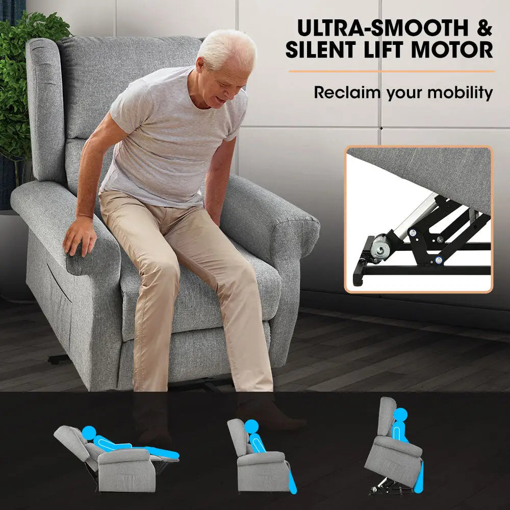 Fortia Electric Recliner Lift Heat Chair for Elderly Massage Therapy Aged Care Grey