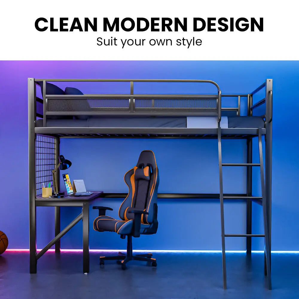 Gaming Loft Bed with Desk Gridwall Steel Metal Frame Space Saving Design for Single Mattress Matte Dark Grey