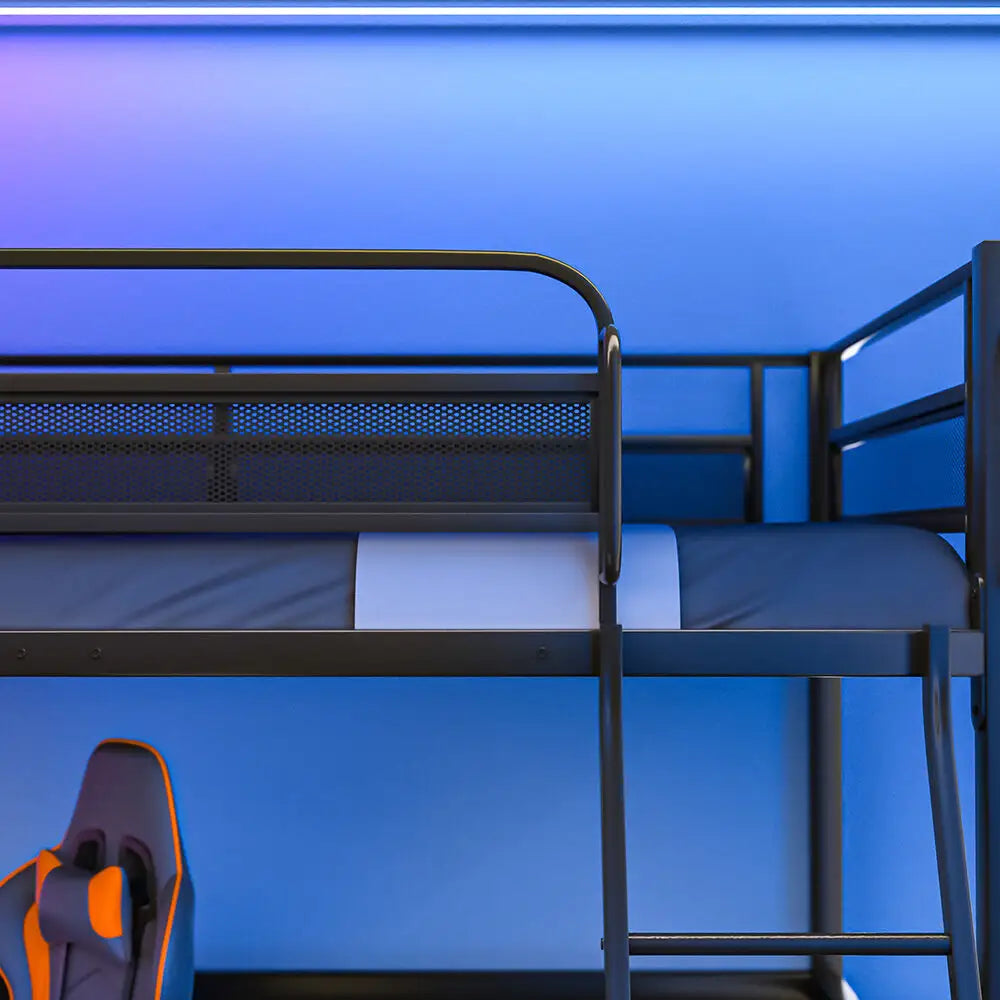 Gaming Loft Bed with Desk Gridwall Steel Metal Frame Space Saving Design for Single Mattress Matte Dark Grey