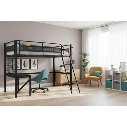 Gaming Loft Bed with Desk Gridwall Steel Metal Frame Space Saving Design for Single Mattress Matte Dark Grey