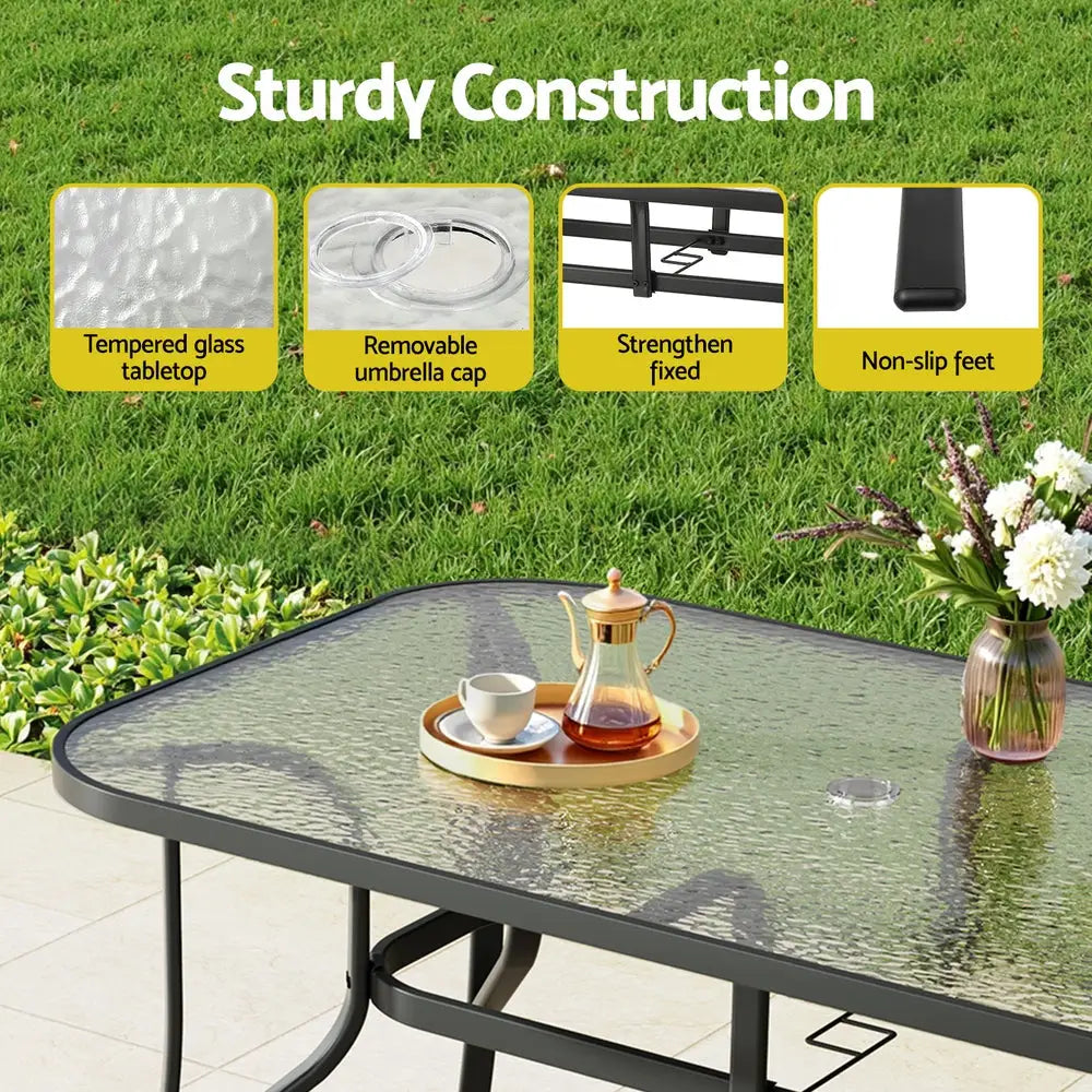 Gardeon 140cm Outdoor Dining Table Steel Frame Tempered Glass Parasol Hole Black