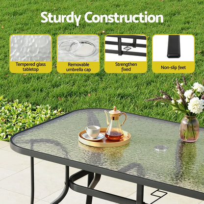 Gardeon 140cm Outdoor Dining Table Steel Frame Tempered Glass Parasol Hole Black