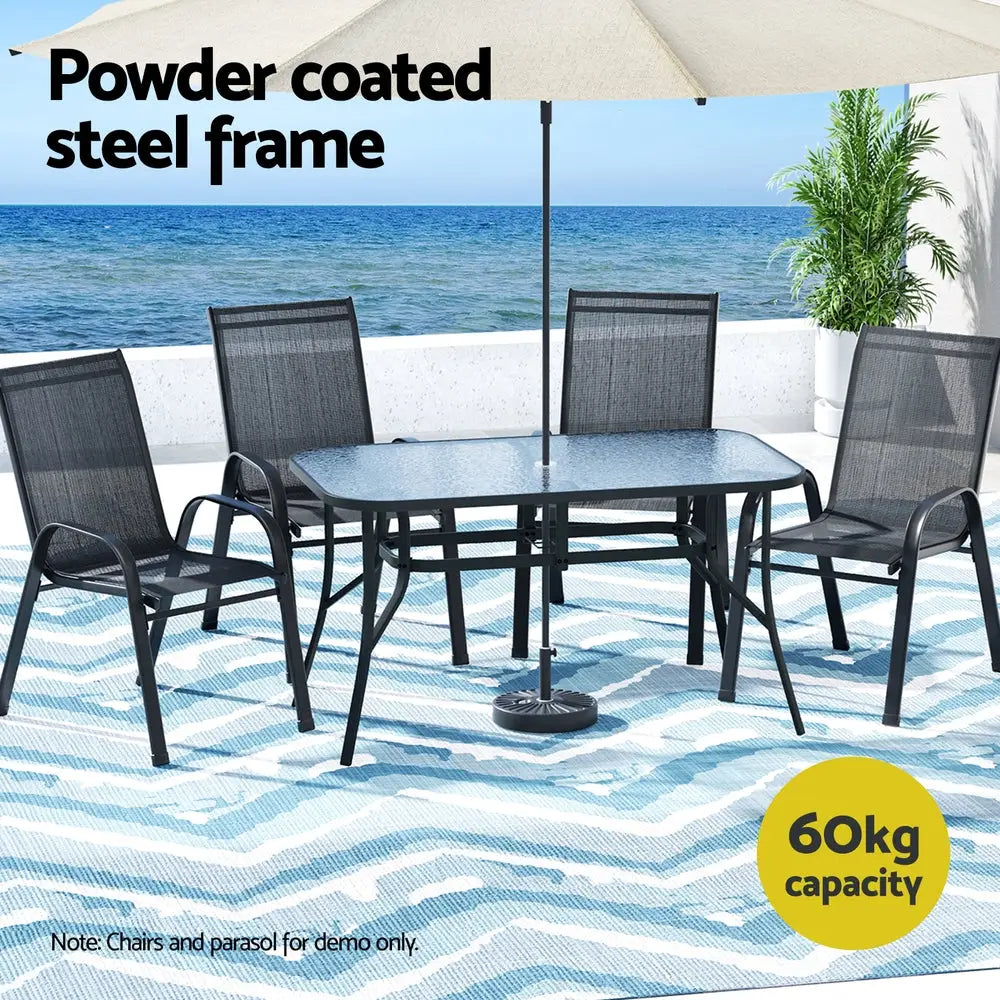 Gardeon 140cm Outdoor Dining Table Steel Frame Tempered Glass Parasol Hole Black