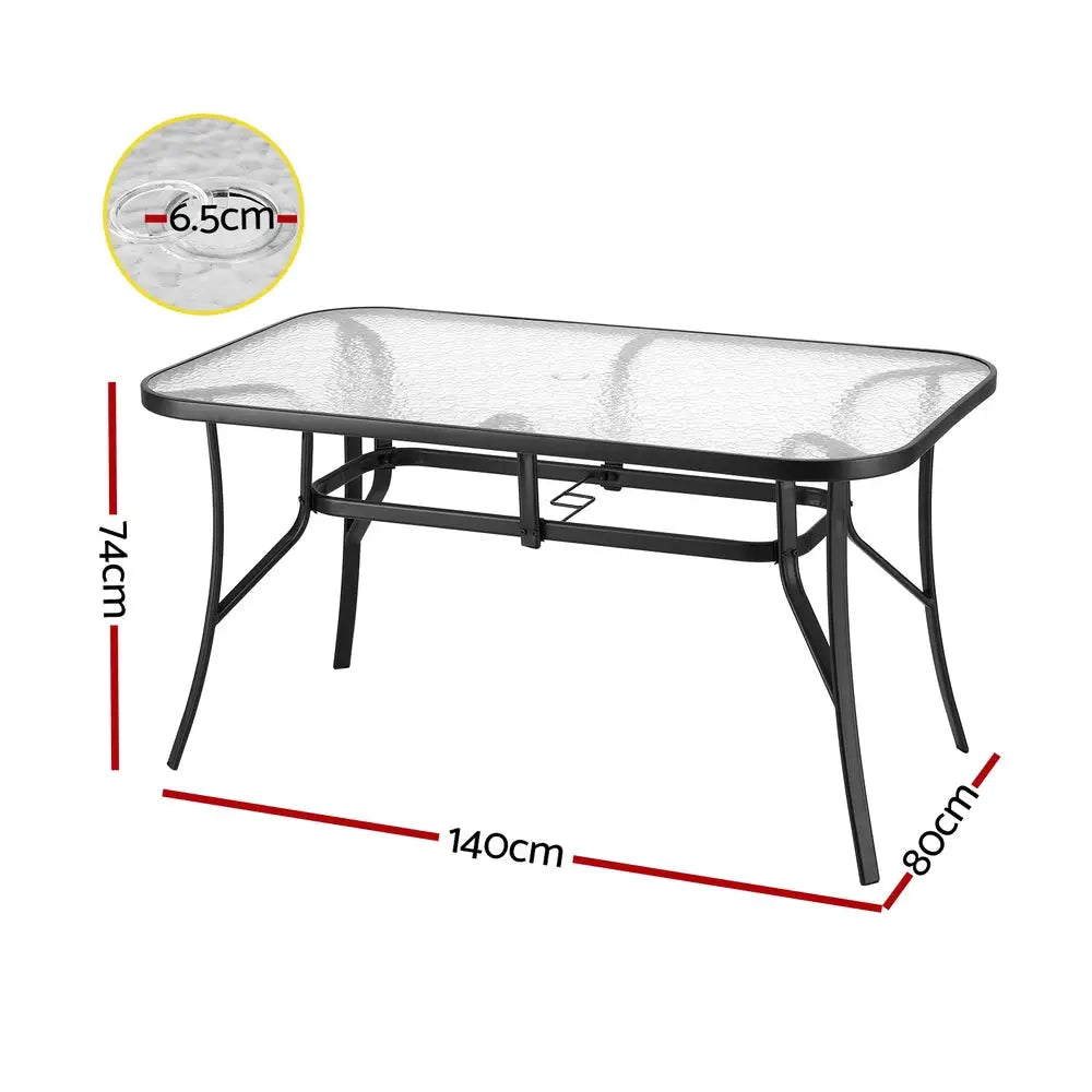 Gardeon 140cm Outdoor Dining Table Steel Frame Tempered Glass Parasol Hole Black