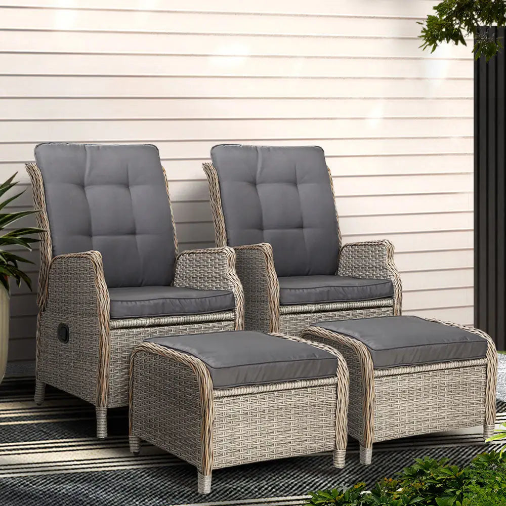 Gardeon 2pc Recliner Chair Sun Lounge Wicker Lounger Outdoor Furniture Adjustable Grey