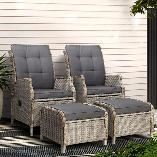 Gardeon 2pc Recliner Chair Sun Lounge Wicker Lounger Outdoor Furniture Adjustable Grey