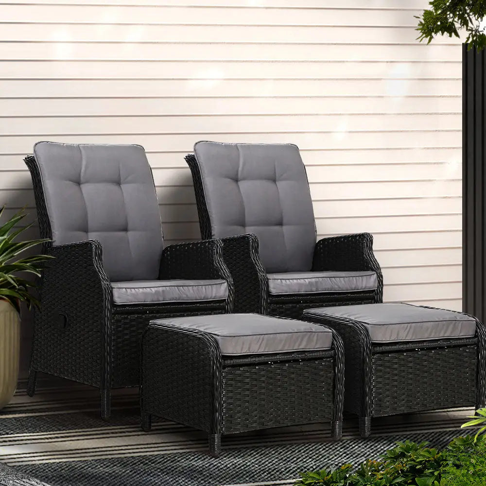 Gardeon 2pc Recliner Chair Sun Lounge Wicker Lounger Outdoor Furniture Adjustable Black