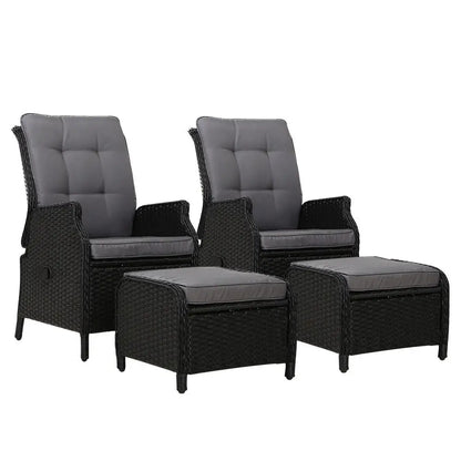 Gardeon 2pc Recliner Chair Sun Lounge Wicker Lounger Outdoor Furniture Adjustable Black