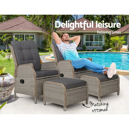 Gardeon 2pc Recliner Chair Sun Lounge Wicker Lounger Outdoor Furniture Adjustable Grey
