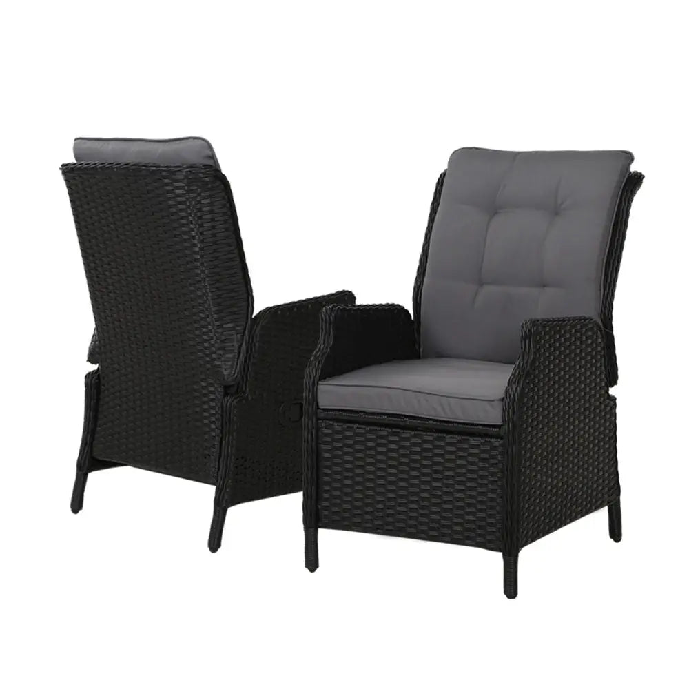 Gardeon 2pc Recliner Chair Sun Lounge Wicker Lounger Outdoor Furniture Adjustable Black