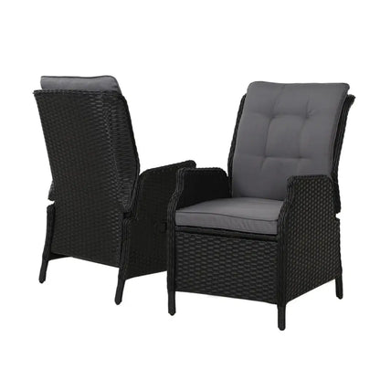 Gardeon 2pc Recliner Chair Sun Lounge Wicker Lounger Outdoor Furniture Adjustable Black